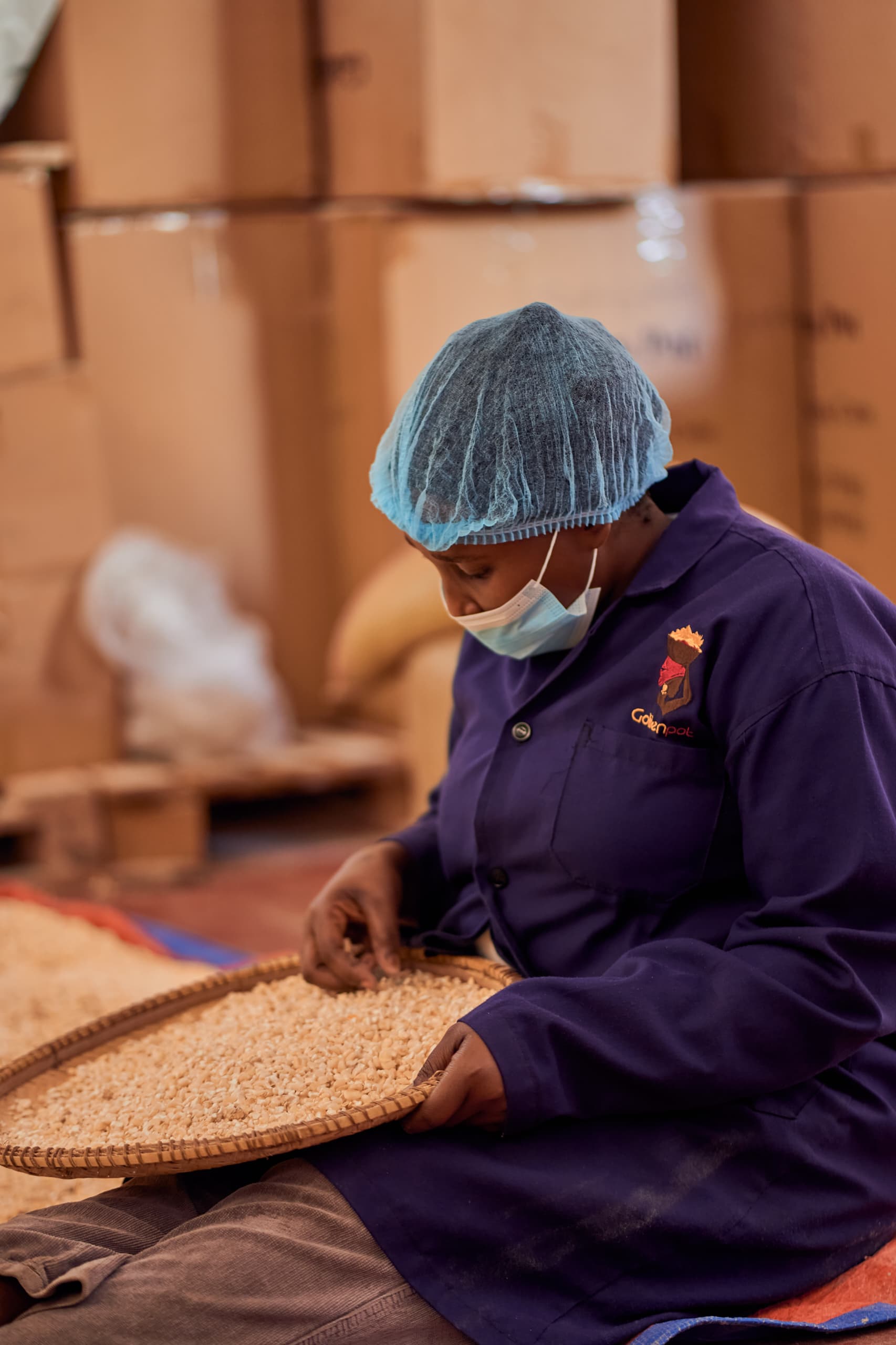 Quality control specialist inspecting grains at Goldenpot facility